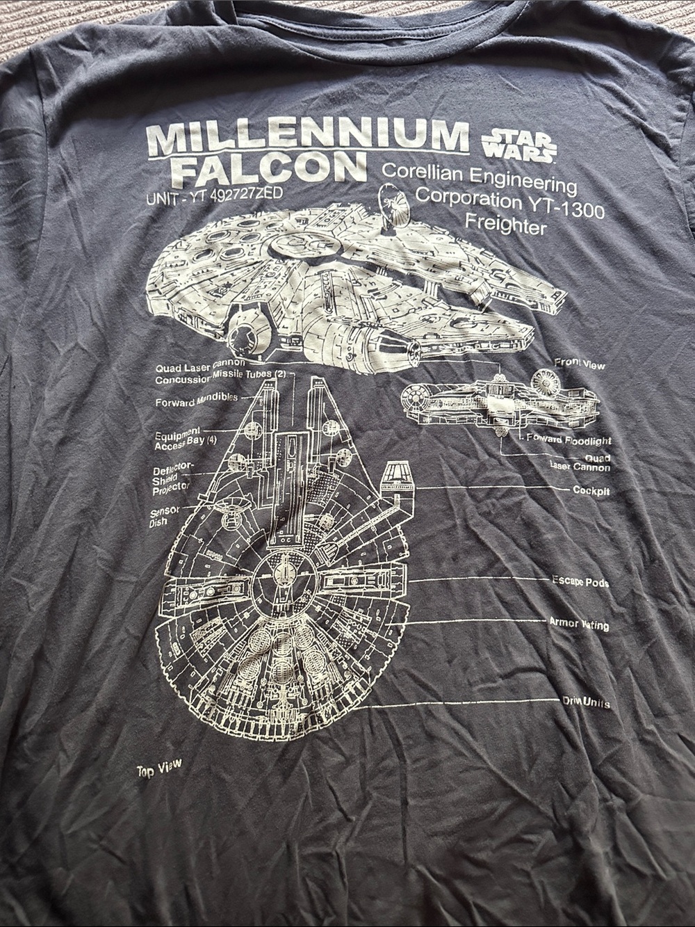 Star Wars Black Tee with White Millennium Falcon Schematic